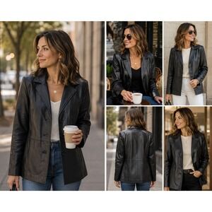 Wilsons Leather Black Leather Blazer Jacket Women 3 Button Red Lining Coat 2X